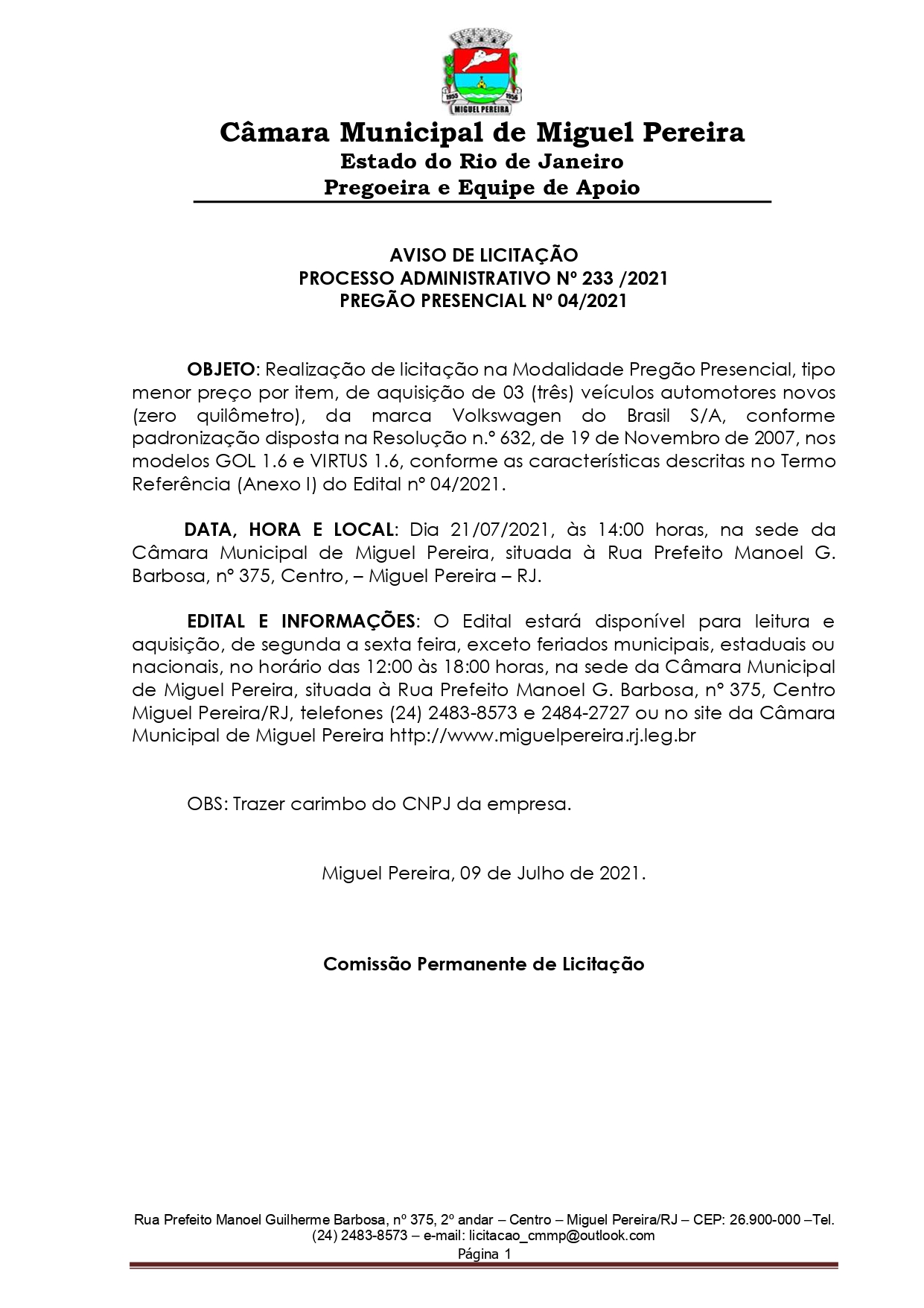 Aviso de Licitação - Edital nº 004/2021