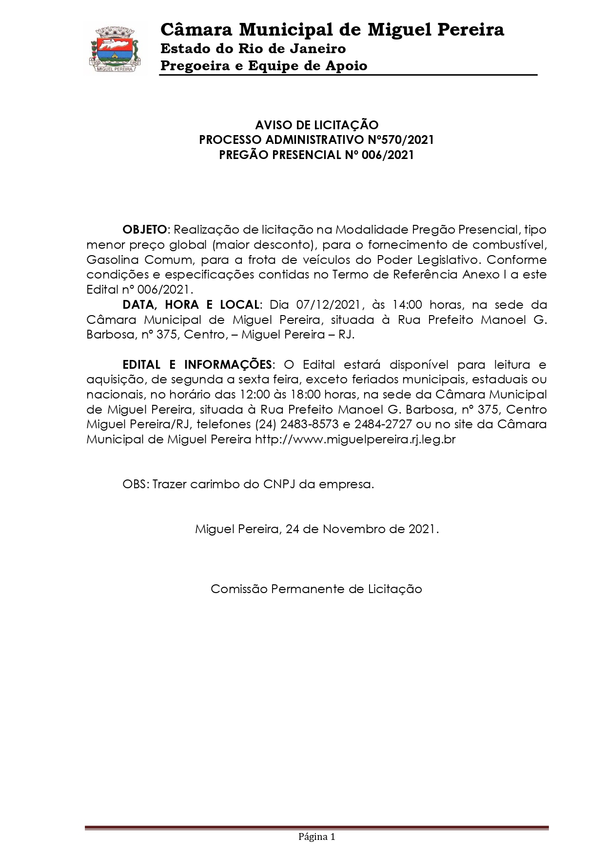 Aviso de Licitação - Edital nº 006/2021