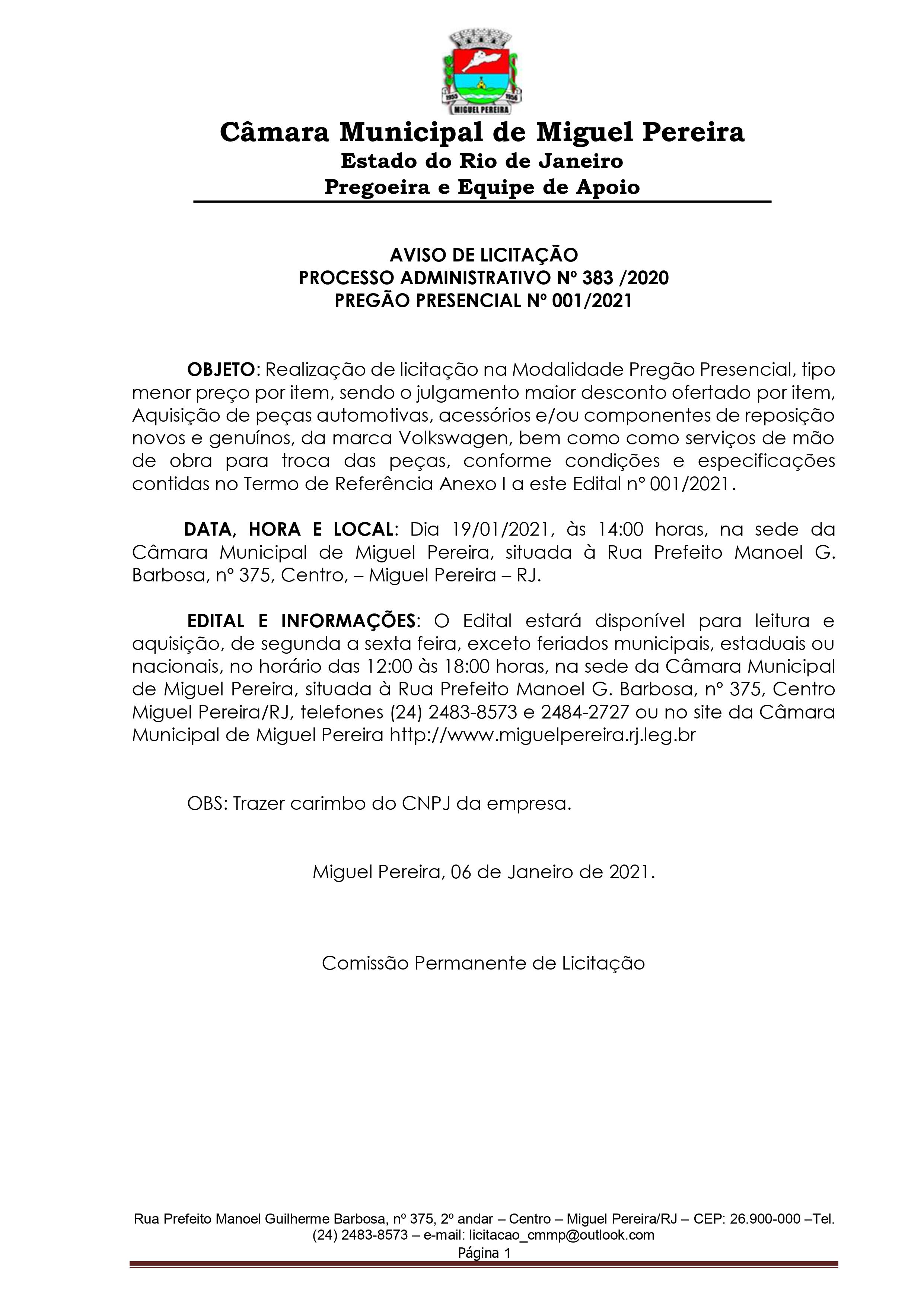 Aviso de Licitação - Edital nº oo1-2021