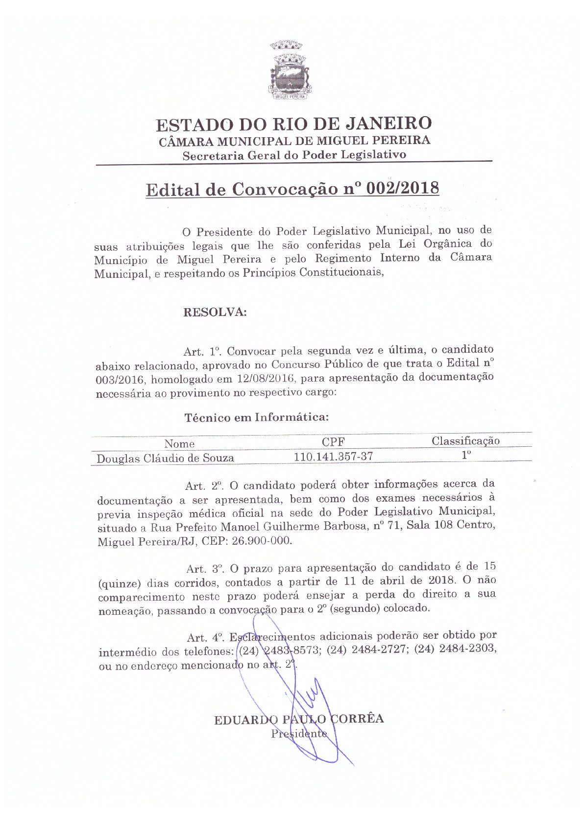 EDITAL DE CONVOCAÇÃO n° 002-2018