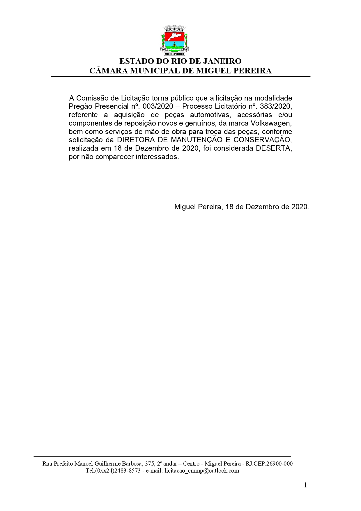 Extrato de Licitação Deserta Edital nº 003/2020