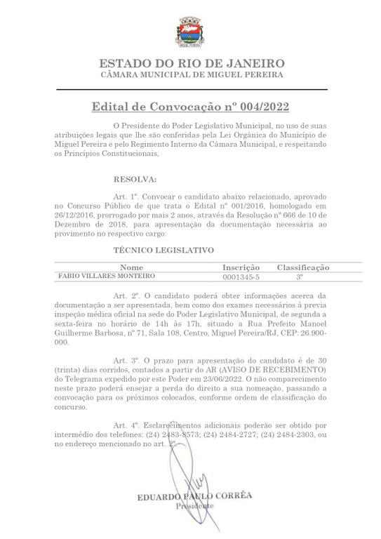 Edital de Convocação nº 004/2022 - Técnico Legislativo
