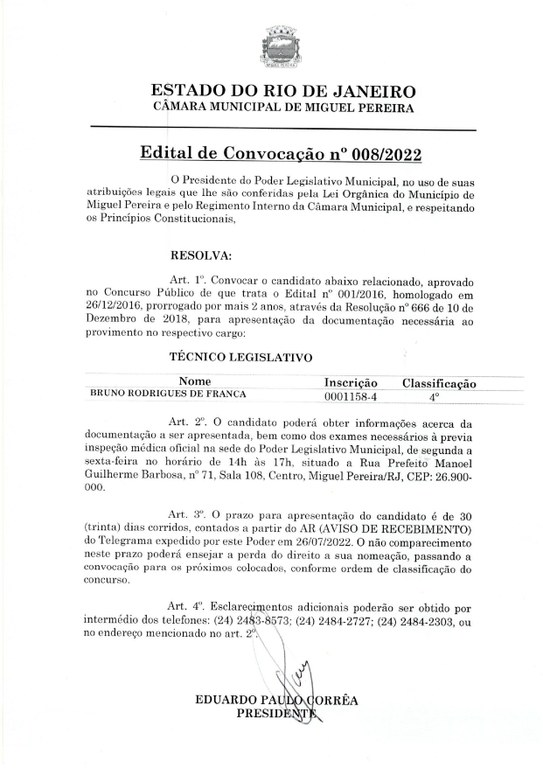 Edital de Convocação nº 008/2022 - Técnico Legislativo