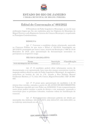 Edital de Convocação nº 003/2022 - Técnico Legislativo