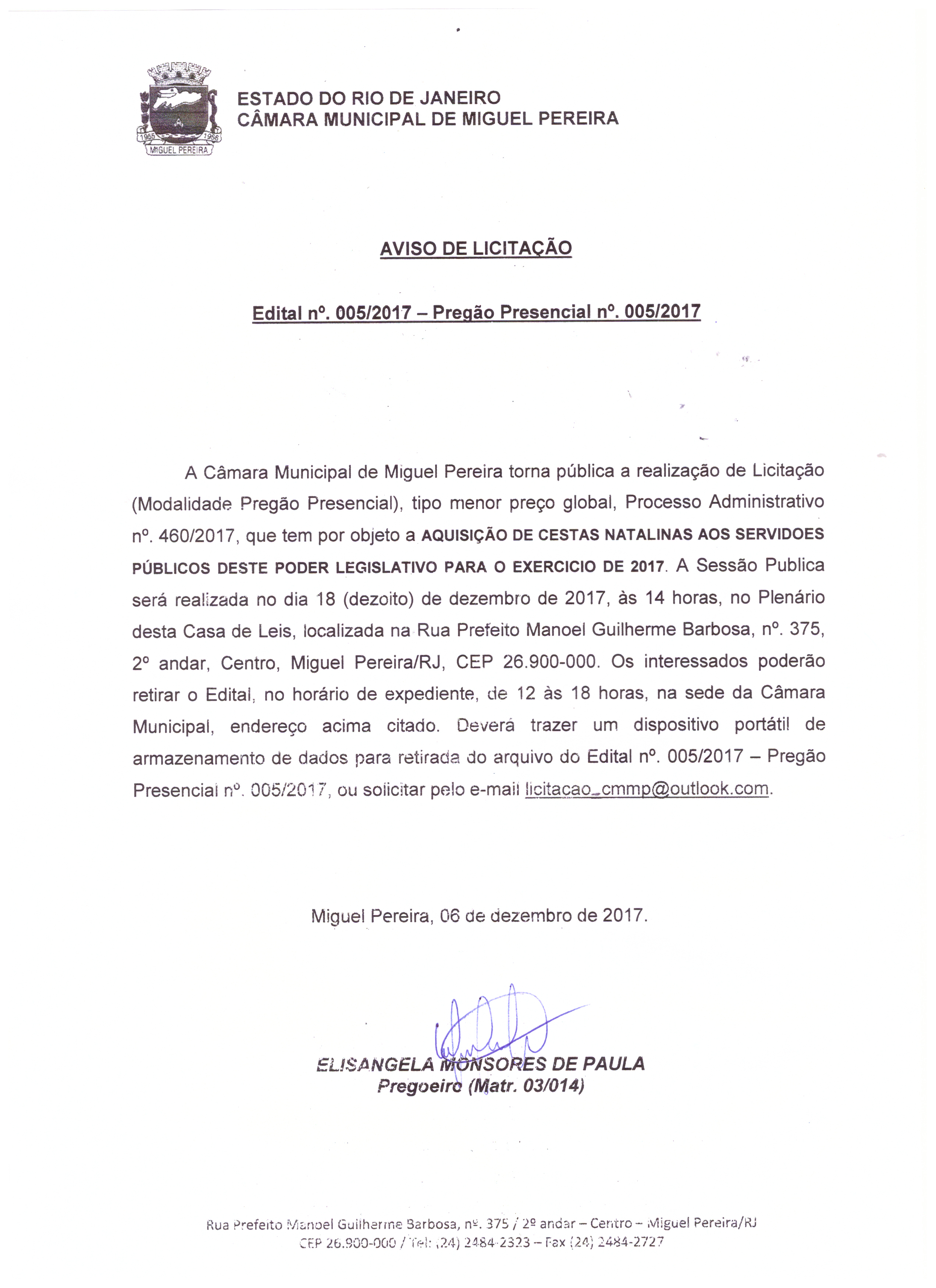 Aviso de Licitação - Edital n° 005/2017