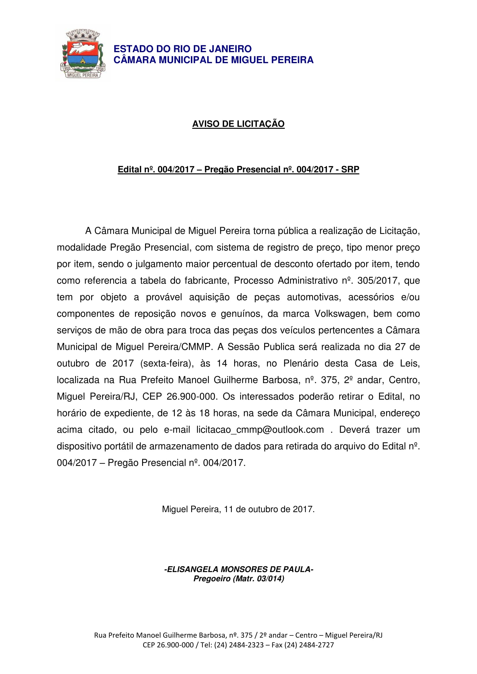 Aviso de Licitação - Edital nº 004/2017