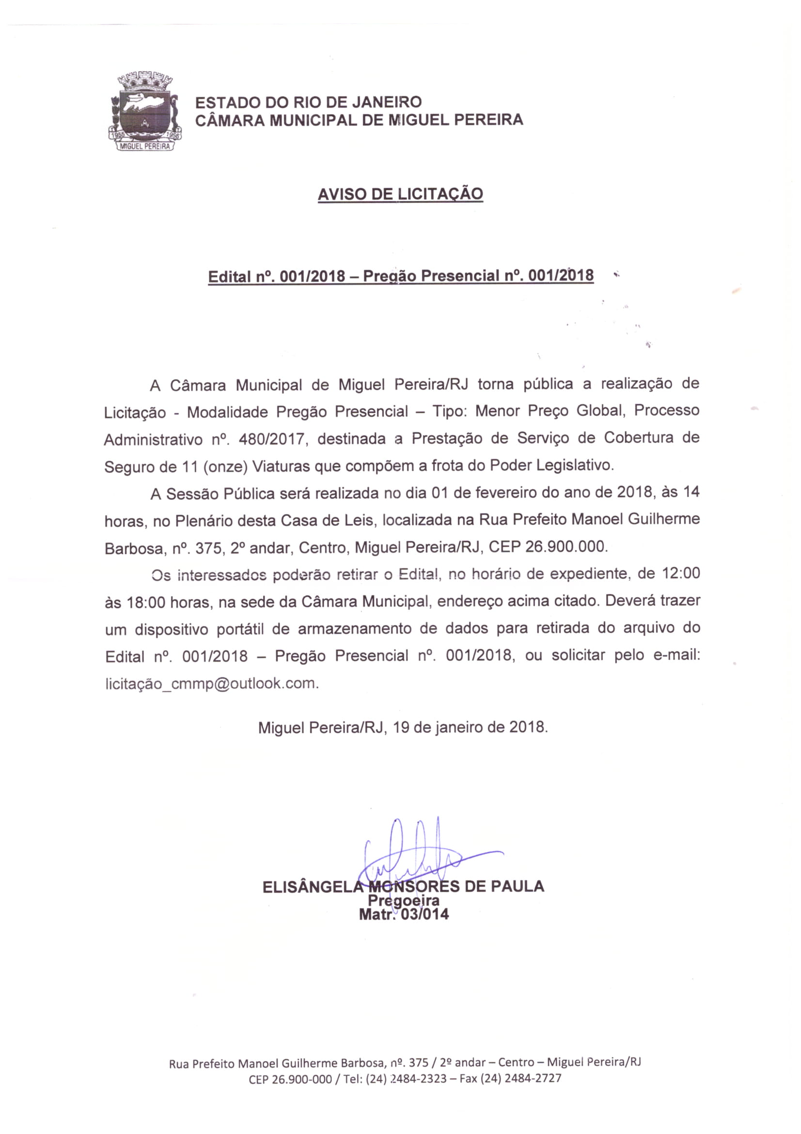 Aviso de Licitação nº 001/2018 - Modalidade Pregão Presencial